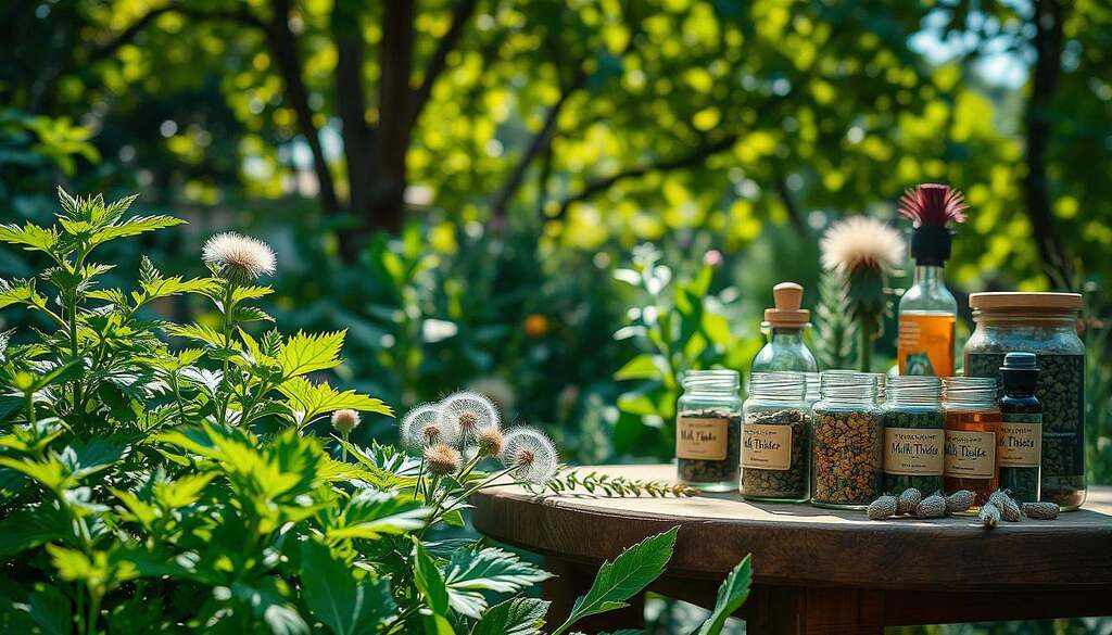 A serene and lush herb garden featuring an array of medicinal plants known for their benefits to metabolism. In the foreground, vibrant green leaves of nettle, dandelion, and milk thistle, showcasing their distinct shapes and textures. The middle ground displays a wooden table with glass jars filled with dried herbs and essential oils, elegantly labeled, hinting at alternative healing methods. In the background, gentle sunlight filters through leafy trees, casting dappled shadows, creating a tranquil, inviting atmosphere. The scene is captured with a soft focus lens, emphasizing the natural beauty and vitality of these healing plants, evoking a sense of harmony and well-being in the pursuit of metabolic health.
