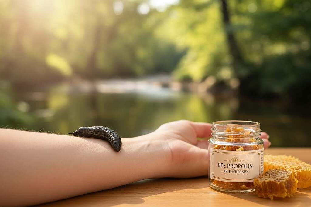 A serene and professional setting featuring a close-up view of two alternative biotherapeutic techniques: a medicinal leech gently resting on human skin, emphasizing its natural healing process, surrounded by a serene, softly-lit background depicting nature. To the side, a small jar of bee propolis is displayed, symbolizing apitherapy, with delicate honeycomb textures visible. The lighting is warm and inviting, cast from the left to highlight the subjects, using a shallow depth of field to create a blurred background that draws focus to the leech and the jar. The overall atmosphere conveys hopefulness and healing, portraying the essence of alternative medicinal practices. A serene and professional setting featuring a close-up view of two alternative biotherapeutic techniques: a medicinal leech gently resting on human skin, emphasizing its natural healing process, surrounded by a serene, softly-lit background depicting nature. To the side, a small jar of bee propolis is displayed, symbolizing apitherapy, with delicate honeycomb textures visible. The lighting is warm and inviting, cast from the left to highlight the subjects, using a shallow depth of field to create a blurred background that draws focus to the leech and the jar. The overall atmosphere conveys hopefulness and healing, portraying the essence of alternative medicinal practices.