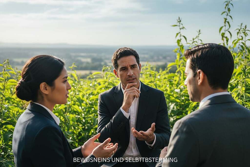 A serene and thoughtful scene depicting "Bewusstsein und Selbstbestimmung." In the foreground, a diverse group of three individuals, each dressed in professional business attire, stand in a circle deep in conversation, their expressions reflecting contemplation and insight. In the middle ground, lush greenery symbolizes growth and self-discovery, with soft ethereal light filtering through the leaves, casting gentle shadows. The background features a tranquil, blurred landscape of mountains and a calm sky, evoking a sense of expansive possibilities. The mood is introspective and hopeful, captured from a slightly elevated angle to provide a clear view of the individuals and their surroundings, utilizing natural lighting to enhance the peaceful atmosphere. A serene and thoughtful scene depicting "Bewusstsein und Selbstbestimmung." In the foreground, a diverse group of three individuals, each dressed in professional business attire, stand in a circle deep in conversation, their expressions reflecting contemplation and insight. In the middle ground, lush greenery symbolizes growth and self-discovery, with soft ethereal light filtering through the leaves, casting gentle shadows. The background features a tranquil, blurred landscape of mountains and a calm sky, evoking a sense of expansive possibilities. The mood is introspective and hopeful, captured from a slightly elevated angle to provide a clear view of the individuals and their surroundings, utilizing natural lighting to enhance the peaceful atmosphere.