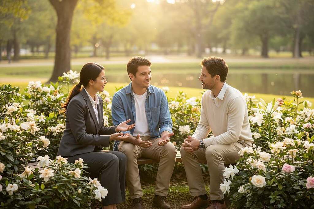 A serene, contemplative scene depicting empathy in action. In the foreground, a diverse group of three individuals—one wearing professional business attire, another in modest casual wear, and the third in semi-formal clothing—are sitting together, sharing a thoughtful conversation. Their expressions reflect a deep emotional connection, with warm smiles and attentive gazes. In the middle ground, blooming flowers symbolize growth and emotional understanding, while a soft, glowing light bathes the scene, creating an inviting atmosphere. The background features a blurred park setting with trees and a tranquil pond that enhances the peaceful mood. Use soft, natural lighting, capturing the essence of empathy and emotional depth, from a slightly elevated angle to convey intimacy and connection among the subjects. A serene, contemplative scene depicting empathy in action. In the foreground, a diverse group of three individuals—one wearing professional business attire, another in modest casual wear, and the third in semi-formal clothing—are sitting together, sharing a thoughtful conversation. Their expressions reflect a deep emotional connection, with warm smiles and attentive gazes. In the middle ground, blooming flowers symbolize growth and emotional understanding, while a soft, glowing light bathes the scene, creating an inviting atmosphere. The background features a blurred park setting with trees and a tranquil pond that enhances the peaceful mood. Use soft, natural lighting, capturing the essence of empathy and emotional depth, from a slightly elevated angle to convey intimacy and connection among the subjects.