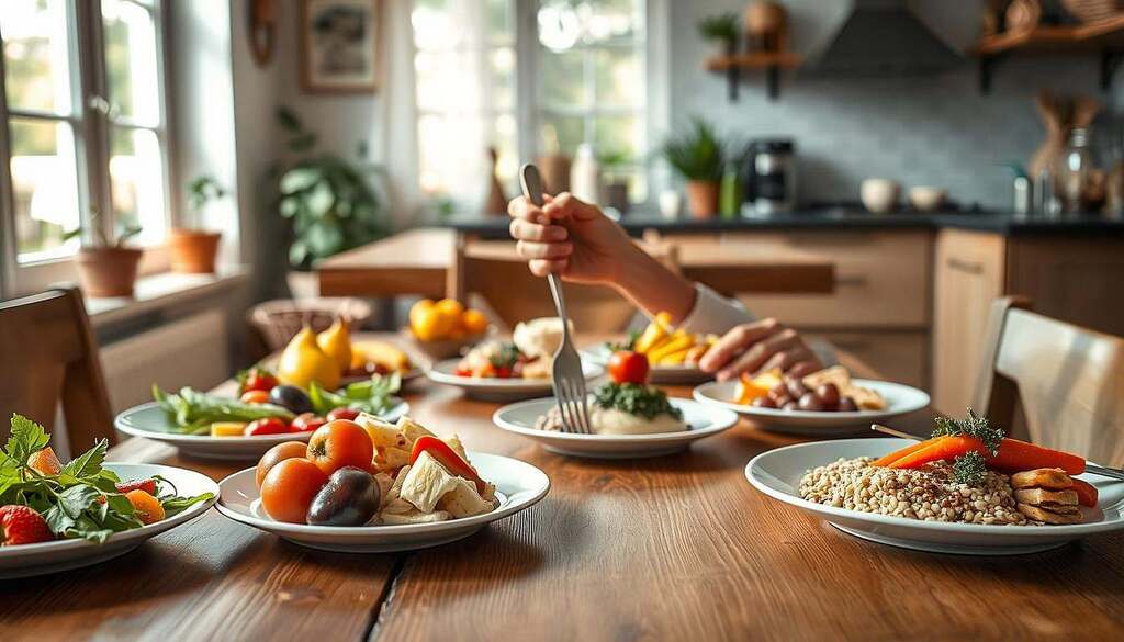A serene dining setting showcasing mindful eating. In the foreground, a beautifully arranged wooden table with an assortment of vibrant, fresh foods, such as colorful fruits, vegetables, and whole grains, invitingly displayed on elegant plates. A pair of hands, dressed in modest casual attire, gently holding a fork, symbolizing slow, thoughtful consumption. The middle ground features soft, natural lighting filtering through a window, casting gentle shadows on the table, enhancing the warm, inviting atmosphere. In the background, a cozy kitchen with plants and wooden decor adds a touch of homeliness. The overall mood is calm and reflective, encouraging a deeper connection with food and emotions, embodying the essence of mindful eating.