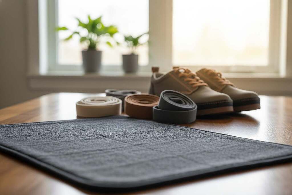 A serene indoor setting showcasing various earthing products, including grounding mats, straps, and insoles, artistically arranged on a wooden table. In the foreground, a grounded mat is prominently displayed, featuring a textured surface that suggests comfort and functionality. In the middle ground, a selection of grounding straps and shoes lies neatly organized, illuminated by soft, warm lighting enhancing their inviting quality. The background features a subtly blurred window with natural light streaming in, creating a sense of tranquility that complements the theme of alternative health. The mood is calm and informative, evoking a sense of wellness and grounding, appealing to readers interested in holistic health approaches. A serene indoor setting showcasing various earthing products, including grounding mats, straps, and insoles, artistically arranged on a wooden table. In the foreground, a grounded mat is prominently displayed, featuring a textured surface that suggests comfort and functionality. In the middle ground, a selection of grounding straps and shoes lies neatly organized, illuminated by soft, warm lighting enhancing their inviting quality. The background features a subtly blurred window with natural light streaming in, creating a sense of tranquility that complements the theme of alternative health. The mood is calm and informative, evoking a sense of wellness and grounding, appealing to readers interested in holistic health approaches.
