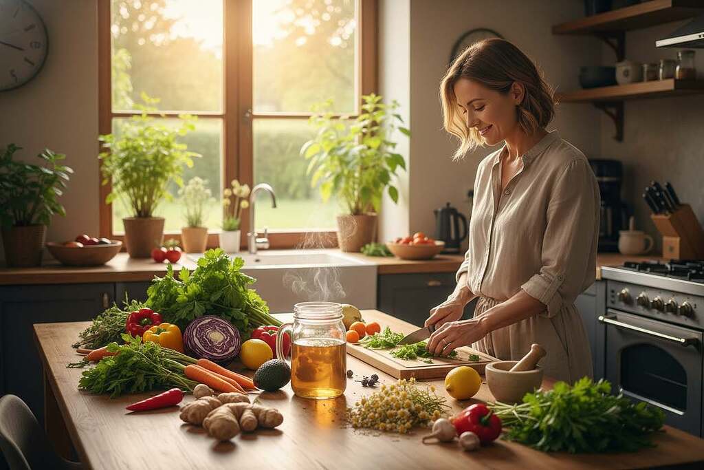 A serene, inviting scene of a modern kitchen adorned with fresh herbs and natural elements. In the foreground, a wooden table is filled with vibrant green herbs such as ginger, turmeric, and chamomile, alongside colorful vegetables and fruits that symbolize holistic nutrition. A clear glass jar filled with herbal tea steams gently, reflecting the warm light. In the middle ground, a professional, middle-aged woman in a modest, casual outfit expertly prepares a nutritious meal, showcasing the process of phytotherapy. The background features soft, warm lighting filtering through a window, revealing a lush garden with plants known for their anti-inflammatory properties. The overall mood is calm, inspiring, and health-focused, emphasizing the healing power of nature in managing arthritis and osteoarthritis through dietary choices and phytotherapy. A serene, inviting scene of a modern kitchen adorned with fresh herbs and natural elements. In the foreground, a wooden table is filled with vibrant green herbs such as ginger, turmeric, and chamomile, alongside colorful vegetables and fruits that symbolize holistic nutrition. A clear glass jar filled with herbal tea steams gently, reflecting the warm light. In the middle ground, a professional, middle-aged woman in a modest, casual outfit expertly prepares a nutritious meal, showcasing the process of phytotherapy. The background features soft, warm lighting filtering through a window, revealing a lush garden with plants known for their anti-inflammatory properties. The overall mood is calm, inspiring, and health-focused, emphasizing the healing power of nature in managing arthritis and osteoarthritis through dietary choices and phytotherapy.