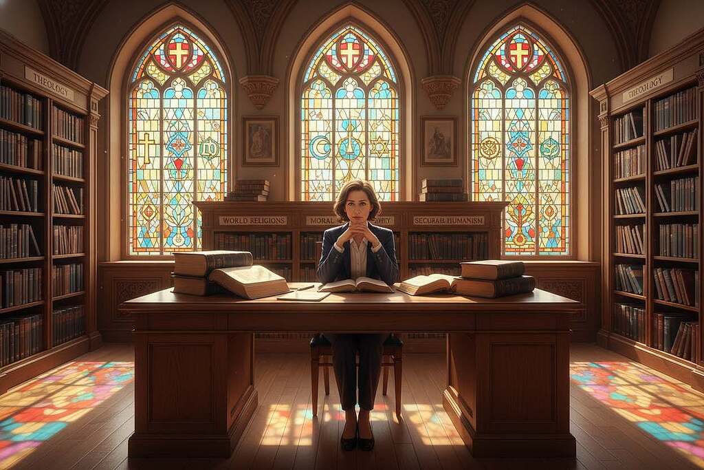 A serene library interior filled with light, emanating from tall windows. In the foreground, a thoughtful woman in modest business attire sits at a wooden desk, surrounded by open books on philosophy and ethics, a contemplative look on her face. In the middle ground, shelves lined with religious texts and moral philosophies showcase the diversity of beliefs. The background features intricate stained glass windows depicting symbols of various religions, casting colorful reflections on the wooden floor, enhancing the atmosphere of enlightenment. The lighting is warm and inviting, creating a peaceful ambiance for intellectual exploration. The overall mood conveys a balance between structure and contemplation, symbolizing the intersection of religion and moral development. A serene library interior filled with light, emanating from tall windows. In the foreground, a thoughtful woman in modest business attire sits at a wooden desk, surrounded by open books on philosophy and ethics, a contemplative look on her face. In the middle ground, shelves lined with religious texts and moral philosophies showcase the diversity of beliefs. The background features intricate stained glass windows depicting symbols of various religions, casting colorful reflections on the wooden floor, enhancing the atmosphere of enlightenment. The lighting is warm and inviting, creating a peaceful ambiance for intellectual exploration. The overall mood conveys a balance between structure and contemplation, symbolizing the intersection of religion and moral development.