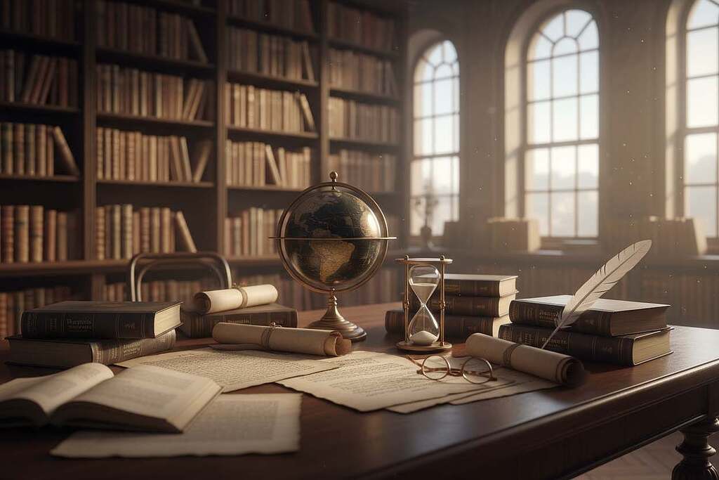 A serene library space filled with ancient philosophy books and texts, showcasing the evolution of ethics and morals. In the foreground, a large wooden table is covered with open manuscripts and philosophical texts, with a pair of reading glasses and a quill pen resting beside them. The middle section features a vintage globe and a classic hourglass, symbolizing the passage of time and reflection on human values. In the background, tall bookshelves filled with books create a warm, inviting atmosphere, illuminated by soft, golden light filtering through large windows. The mood is contemplative and scholarly, evoking a sense of deep intellectual exploration and a connection to the historical development of ethical thought. The image should have a slight depth of field, focusing sharply on the foreground elements while softly blurring the background. A serene library space filled with ancient philosophy books and texts, showcasing the evolution of ethics and morals. In the foreground, a large wooden table is covered with open manuscripts and philosophical texts, with a pair of reading glasses and a quill pen resting beside them. The middle section features a vintage globe and a classic hourglass, symbolizing the passage of time and reflection on human values. In the background, tall bookshelves filled with books create a warm, inviting atmosphere, illuminated by soft, golden light filtering through large windows. The mood is contemplative and scholarly, evoking a sense of deep intellectual exploration and a connection to the historical development of ethical thought. The image should have a slight depth of field, focusing sharply on the foreground elements while softly blurring the background.
