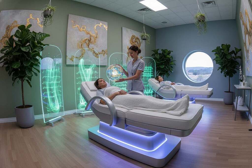 A serene, modern healing space showcasing advanced quantum healing technologies and innovative bed designs. In the foreground, a sleek, high-tech bed with adjustable features, illuminated by soft, ambient lighting that highlights its ergonomic shape. In the middle ground, a practitioner in professional clothing demonstrates the use of a futuristic device, casting gentle light over a relaxed patient. The background features soothing colors and organic shapes, creating a tranquil atmosphere, complemented by plants and calming artwork on the walls. The image should convey a sense of peace, hope, and modernity, with a focus on healing and well-being, using a wide-angle lens effect to emphasize the space. A serene, modern healing space showcasing advanced quantum healing technologies and innovative bed designs. In the foreground, a sleek, high-tech bed with adjustable features, illuminated by soft, ambient lighting that highlights its ergonomic shape. In the middle ground, a practitioner in professional clothing demonstrates the use of a futuristic device, casting gentle light over a relaxed patient. The background features soothing colors and organic shapes, creating a tranquil atmosphere, complemented by plants and calming artwork on the walls. The image should convey a sense of peace, hope, and modernity, with a focus on healing and well-being, using a wide-angle lens effect to emphasize the space.