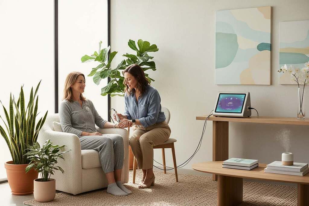 A serene, modern therapy room filled with natural light filtering through large windows. In the foreground, a professional therapist, dressed in modest casual clothing, is attentively using a frequency therapy device on a patient seated comfortably. The patient appears relaxed, surrounded by calming colors and plants that promote a healing environment. In the middle, a sleek frequency therapy machine displays a soft, glowing interface, emphasizing its advanced technology. The background showcases minimalist decor, with soft textures and a peaceful atmosphere, combining elements of nature and modern design. The overall mood is tranquil and reassuring, reflecting an innovative approach to wellness through frequency and biofield therapies, highlighting both professional expertise and the healing power of alternative methods. A serene, modern therapy room filled with natural light filtering through large windows. In the foreground, a professional therapist, dressed in modest casual clothing, is attentively using a frequency therapy device on a patient seated comfortably. The patient appears relaxed, surrounded by calming colors and plants that promote a healing environment. In the middle, a sleek frequency therapy machine displays a soft, glowing interface, emphasizing its advanced technology. The background showcases minimalist decor, with soft textures and a peaceful atmosphere, combining elements of nature and modern design. The overall mood is tranquil and reassuring, reflecting an innovative approach to wellness through frequency and biofield therapies, highlighting both professional expertise and the healing power of alternative methods.