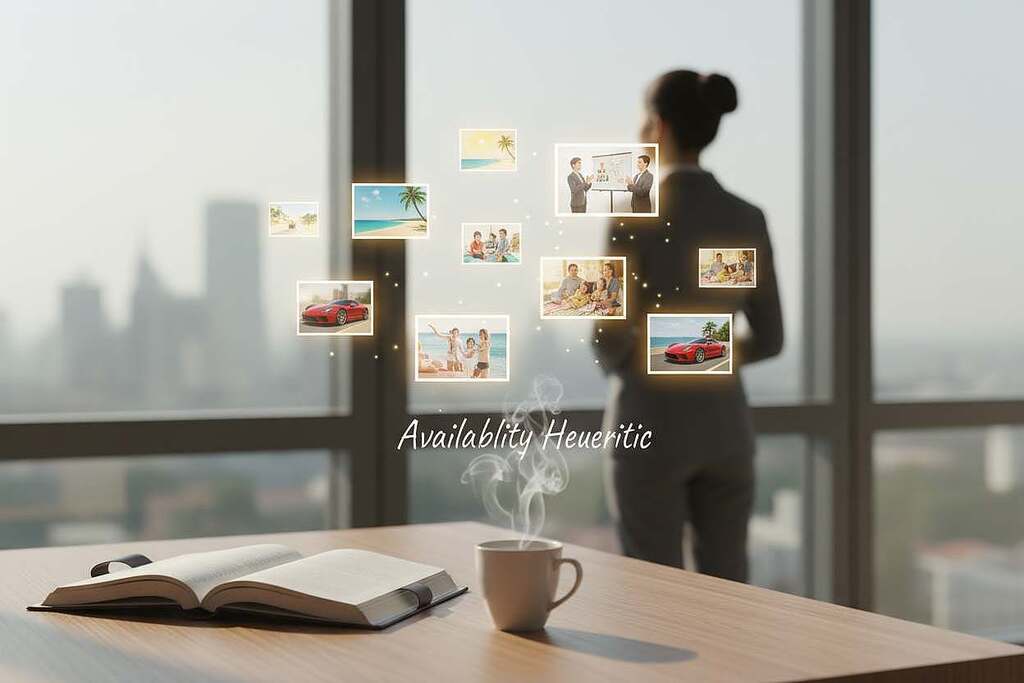 A serene office space with a large window casting soft, natural light on a minimalist desk. In the foreground, an open notebook lies next to a steaming cup of coffee, symbolizing contemplation. In the middle ground, a thoughtful individual dressed in professional business attire gazes out the window, their expression reflective and calm. Subtle images float in the air, such as vibrant snapshots representing various thoughts and memories, illustrating the concept of "availability heuristic." The background features a blurred cityscape, evoking a quiet yet bustling environment. The color palette is warm, with soft browns and greens, enhancing the mood of introspection and focus. A shallow depth of field emphasizes the subject while providing a peaceful ambiance. A serene office space with a large window casting soft, natural light on a minimalist desk. In the foreground, an open notebook lies next to a steaming cup of coffee, symbolizing contemplation. In the middle ground, a thoughtful individual dressed in professional business attire gazes out the window, their expression reflective and calm. Subtle images float in the air, such as vibrant snapshots representing various thoughts and memories, illustrating the concept of "availability heuristic." The background features a blurred cityscape, evoking a quiet yet bustling environment. The color palette is warm, with soft browns and greens, enhancing the mood of introspection and focus. A shallow depth of field emphasizes the subject while providing a peaceful ambiance.