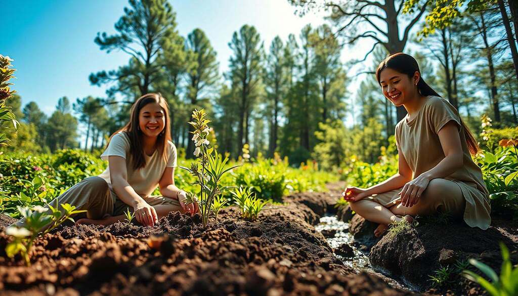 A serene scene depicting the connection between humans and nature, featuring a diverse group of three people in modest casual clothing engaged in a harmonious outdoor activity, such as planting trees or meditating in a lush green forest. In the foreground, close-up details of their joyful expressions and hands touching the rich soil emphasize their emotional bond with the earth. The middle ground showcases a vibrant natural landscape, with flowering plants and a small stream, creating a sense of peace and tranquility. The background reveals towering trees under a clear blue sky, with soft sunlight filtering through the leaves, casting gentle shadows. The overall mood is uplifting and serene, capturing the essence of human-environment synergy, inviting the viewer to feel a deeper connection with nature.