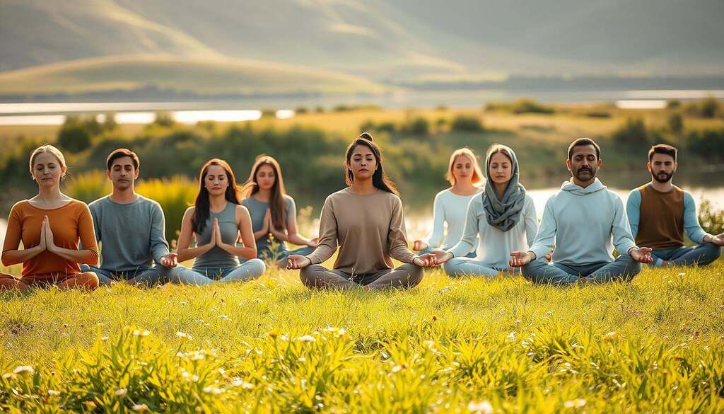 A serene scene of meditation and mindfulness in a tranquil natural setting. In the foreground, a diverse group of individuals of varying ages and ethnicities, dressed in comfortable, modest clothing, sit cross-legged on soft grass, their eyes closed in deep focus. In the middle ground, lush greenery surrounds them, with gentle wildflowers adding splashes of color. In the background, soft hills and a calming body of water reflect a warm, golden sunlight. The lighting is soft and ethereal, casting a peaceful glow on the scene, symbolizing unity and connection. Capture this moment from a slightly elevated angle to convey a sense of inclusiveness and harmony, evoking feelings of peace and interconnectedness with the universe.