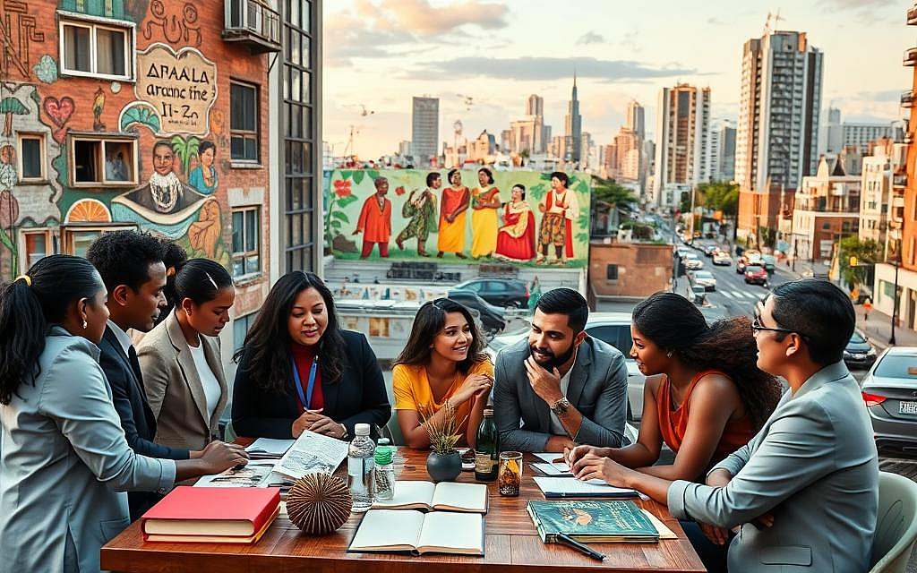 A serene scene representing cultural resilience, featuring a diverse group of people in a vibrant urban setting. In the foreground, individuals of various ethnicities, dressed in professional attire, engage in a collaborative discussion around a table adorned with items symbolizing cultural heritage, such as traditional crafts and literature. In the middle ground, a mural depicting unity and diversity thrives on a building's wall, showcasing different cultural symbols interwoven in harmony. The background reveals a bustling cityscape, illuminated by warm, soft lighting of a late afternoon, symbolizing hope and growth. The atmosphere is uplifting and positive, fostering a sense of community and strength. The composition should invite viewers to reflect on overcoming cultural barriers and embracing resilience through collaboration and understanding. A serene scene representing cultural resilience, featuring a diverse group of people in a vibrant urban setting. In the foreground, individuals of various ethnicities, dressed in professional attire, engage in a collaborative discussion around a table adorned with items symbolizing cultural heritage, such as traditional crafts and literature. In the middle ground, a mural depicting unity and diversity thrives on a building's wall, showcasing different cultural symbols interwoven in harmony. The background reveals a bustling cityscape, illuminated by warm, soft lighting of a late afternoon, symbolizing hope and growth. The atmosphere is uplifting and positive, fostering a sense of community and strength. The composition should invite viewers to reflect on overcoming cultural barriers and embracing resilience through collaboration and understanding.