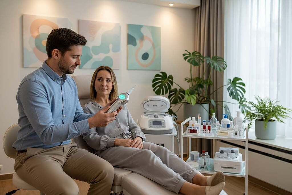 A serene, softly lit clinical environment showcasing a modern Autologe Matrix-Therapie setup. In the foreground, a professional therapist in smart casual attire attentively explains the procedure to a patient, who is seated comfortably on a treatment chair. The therapist is demonstrating a sleek, ergonomic device designed for the therapy, with gentle glowing lights indicating its functionality. In the middle ground, various tools and equipment related to the therapy are displayed, emphasizing a harmonious and advanced medical atmosphere. The background features calming artwork and plants, enhancing a sense of tranquility and healing. The lighting is warm and inviting, casting soft shadows to create a peaceful mood, focusing on the therapeutic process and patient care. A serene, softly lit clinical environment showcasing a modern Autologe Matrix-Therapie setup. In the foreground, a professional therapist in smart casual attire attentively explains the procedure to a patient, who is seated comfortably on a treatment chair. The therapist is demonstrating a sleek, ergonomic device designed for the therapy, with gentle glowing lights indicating its functionality. In the middle ground, various tools and equipment related to the therapy are displayed, emphasizing a harmonious and advanced medical atmosphere. The background features calming artwork and plants, enhancing a sense of tranquility and healing. The lighting is warm and inviting, casting soft shadows to create a peaceful mood, focusing on the therapeutic process and patient care.