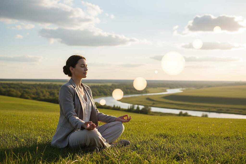 A serene, tranquil scene depicting the concept of "Achtsamkeit" (mindfulness) in a harmonious blend of psychology, consciousness, and spirituality. In the foreground, a meditative figure sits cross-legged on a soft green meadow, dressed in modest, professional attire, eyes gently closed, immersed in peaceful contemplation. The middle ground features subtle floating orbs of light, symbolizing thoughts and awareness, gently illuminating the scene. In the background, a lush landscape unfolds with gentle hills and a calming river, under a clear blue sky with soft white clouds, enhancing the mood of tranquility. The light is warm and inviting, creating a reflective atmosphere, as if the viewer is invited to step into this mindful space. The angle offers a slightly elevated perspective, capturing both the figure and the vastness of the surrounding nature. A serene, tranquil scene depicting the concept of "Achtsamkeit" (mindfulness) in a harmonious blend of psychology, consciousness, and spirituality. In the foreground, a meditative figure sits cross-legged on a soft green meadow, dressed in modest, professional attire, eyes gently closed, immersed in peaceful contemplation. The middle ground features subtle floating orbs of light, symbolizing thoughts and awareness, gently illuminating the scene. In the background, a lush landscape unfolds with gentle hills and a calming river, under a clear blue sky with soft white clouds, enhancing the mood of tranquility. The light is warm and inviting, creating a reflective atmosphere, as if the viewer is invited to step into this mindful space. The angle offers a slightly elevated perspective, capturing both the figure and the vastness of the surrounding nature.