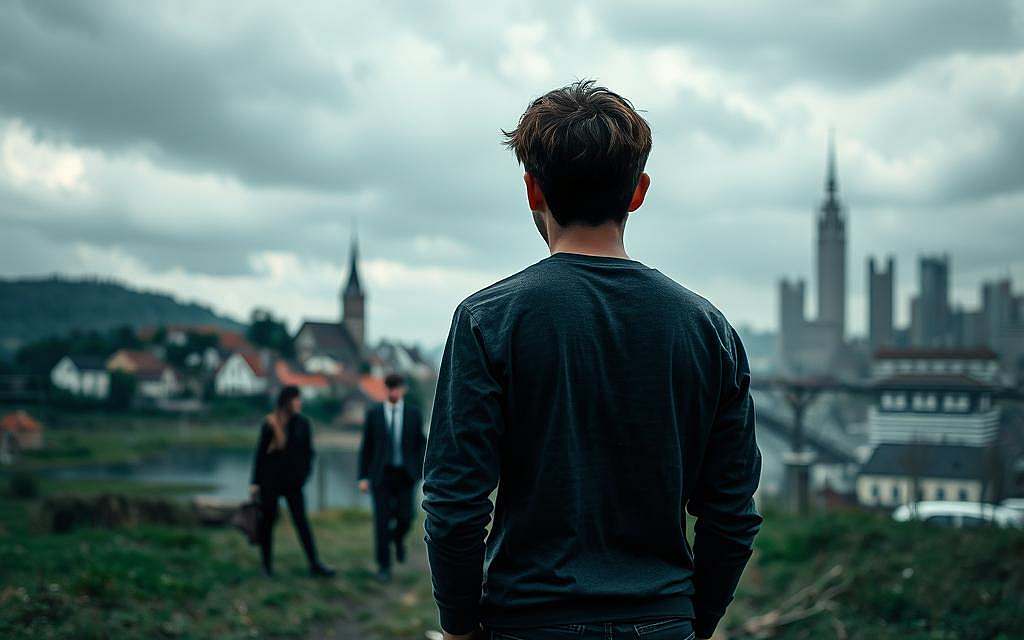A somber and reflective scene depicting the themes of oikophobia and cultural alienation in Germany. In the foreground, a young adult dressed in modest casual clothing stands with their back to the viewer, gazing out at a split landscape: one side showcasing a vibrant, traditional German village, while the other side fades into a grey, abstract cityscape symbolizing cultural disconnection. In the middle ground, blurred figures in professional business attire walk aimlessly, representing the sense of loss and disenchantment within society. The background features a cloudy sky, casting a muted light, enhancing the atmosphere of introspection and melancholy. The composition is shot with a wide-angle lens to capture the contrasting environments, emphasizing the emotional weight of the themes portrayed. A somber and reflective scene depicting the themes of oikophobia and cultural alienation in Germany. In the foreground, a young adult dressed in modest casual clothing stands with their back to the viewer, gazing out at a split landscape: one side showcasing a vibrant, traditional German village, while the other side fades into a grey, abstract cityscape symbolizing cultural disconnection. In the middle ground, blurred figures in professional business attire walk aimlessly, representing the sense of loss and disenchantment within society. The background features a cloudy sky, casting a muted light, enhancing the atmosphere of introspection and melancholy. The composition is shot with a wide-angle lens to capture the contrasting environments, emphasizing the emotional weight of the themes portrayed.
