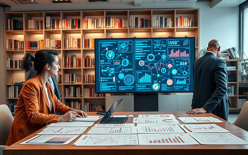 A split composition depicting meta-analyses in the context of gender differences. In the foreground, a diverse group of three professionals—two men and one woman—dressed in business attire, are engaging in a discussion around a large table covered with research papers and graphs highlighting gender-related data. In the middle ground, a digital screen displays an array of interconnected data points and visual statistics related to gender studies. The background features a modern office setting with bookshelves filled with scientific literature, soft ambient lighting creating a focused and intellectual atmosphere. Capture the scene from a three-quarter angle to emphasize collaboration and discovery, inspiring a sense of professionalism and academic rigor. A split composition depicting meta-analyses in the context of gender differences. In the foreground, a diverse group of three professionals—two men and one woman—dressed in business attire, are engaging in a discussion around a large table covered with research papers and graphs highlighting gender-related data. In the middle ground, a digital screen displays an array of interconnected data points and visual statistics related to gender studies. The background features a modern office setting with bookshelves filled with scientific literature, soft ambient lighting creating a focused and intellectual atmosphere. Capture the scene from a three-quarter angle to emphasize collaboration and discovery, inspiring a sense of professionalism and academic rigor.