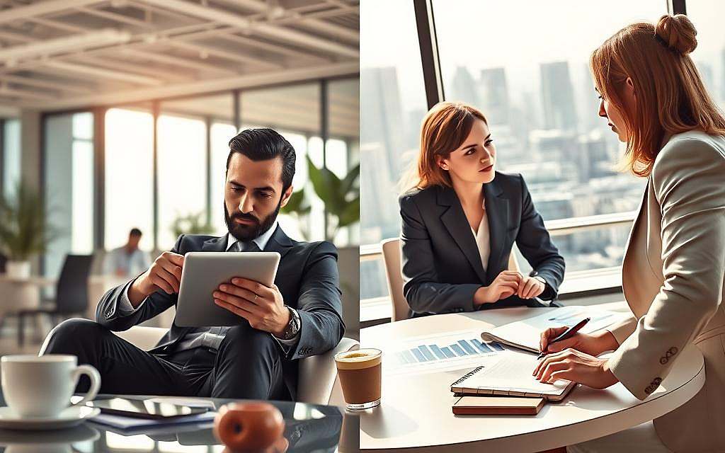 A split scene illustrating gender differences: on the left, a professional man in a sleek business suit, intently analyzing data on a digital tablet, seated in a vibrant, modern office. On the right, a professional woman in a stylish blazer, engaged in a discussion with colleagues at a round table, surrounded by charts and graphs that depict societal trends. The foreground features elements like a coffee cup and a notebook, symbolizing collaboration and focus. In the middle ground, bright light filters through large windows, creating a dynamic atmosphere. The background showcases a city skyline, representing modern society. The mood is open and thoughtful, reflecting the complex interplay of societal and ethical implications of gender perspectives. A split scene illustrating gender differences: on the left, a professional man in a sleek business suit, intently analyzing data on a digital tablet, seated in a vibrant, modern office. On the right, a professional woman in a stylish blazer, engaged in a discussion with colleagues at a round table, surrounded by charts and graphs that depict societal trends. The foreground features elements like a coffee cup and a notebook, symbolizing collaboration and focus. In the middle ground, bright light filters through large windows, creating a dynamic atmosphere. The background showcases a city skyline, representing modern society. The mood is open and thoughtful, reflecting the complex interplay of societal and ethical implications of gender perspectives.