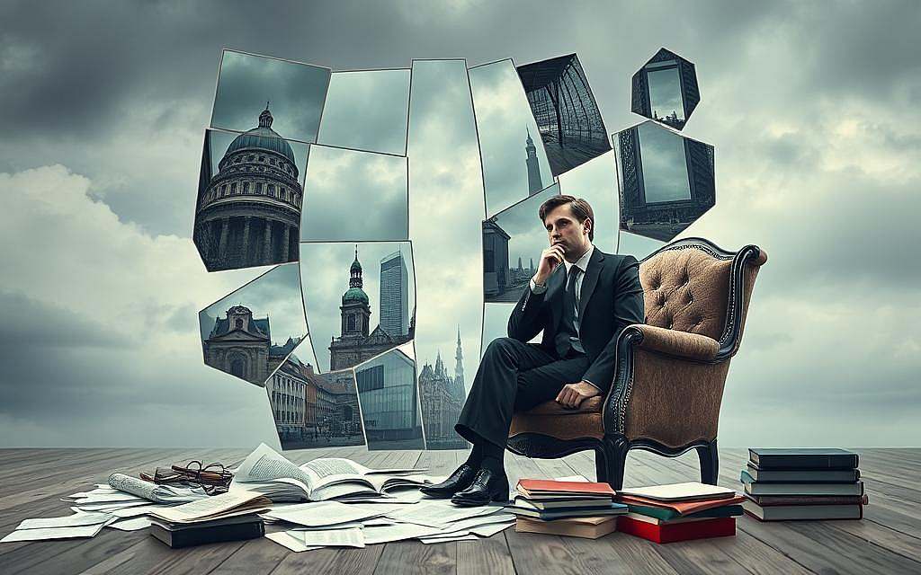 A surreal and symbolic representation of the theme of deep psychological analysis and cultural alienation. In the foreground, a thoughtful figure in professional attire sits on a vintage armchair, surrounded by scattered documents and books that symbolize introspection and analysis. The middle ground depicts a fragmented mirror reflecting various elements of German culture, such as traditional architecture and modern urban landscapes, illustrating the struggle with identity and belonging. In the background, a gloomy, clouded sky suggests a sense of unease and contemplation. Soft, diffused lighting creates a melancholic yet introspective atmosphere. The lens angle is slightly tilted, enhancing the surreal quality of the scene, inviting the viewer to ponder the complexities of the German psyche. A surreal and symbolic representation of the theme of deep psychological analysis and cultural alienation. In the foreground, a thoughtful figure in professional attire sits on a vintage armchair, surrounded by scattered documents and books that symbolize introspection and analysis. The middle ground depicts a fragmented mirror reflecting various elements of German culture, such as traditional architecture and modern urban landscapes, illustrating the struggle with identity and belonging. In the background, a gloomy, clouded sky suggests a sense of unease and contemplation. Soft, diffused lighting creates a melancholic yet introspective atmosphere. The lens angle is slightly tilted, enhancing the surreal quality of the scene, inviting the viewer to ponder the complexities of the German psyche.