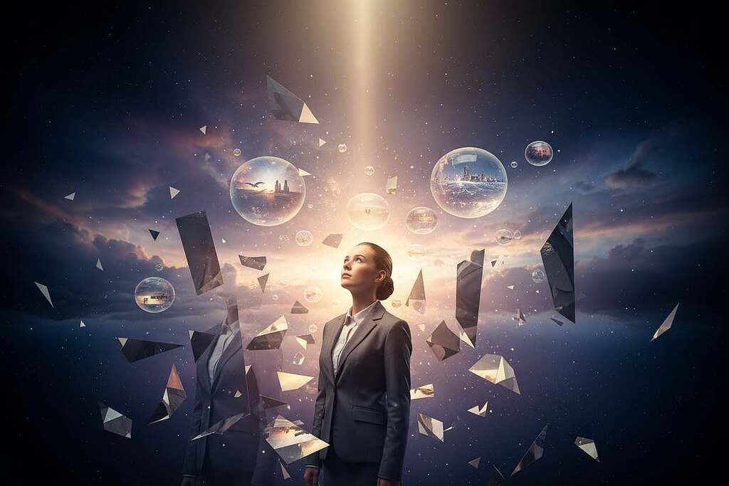 A surreal conceptual scene depicting a person, dressed in professional business attire, standing prominently in the foreground. Their expression is introspective, with a thoughtful gaze directed upward, symbolizing self-reflection. Surrounding them are symbolic representations of the ego and personal perception, such as mirrored fragments and abstract shapes that seem to orbit around the figure, creating a sense of a personal universe. In the middle ground, hazy reflections of thought bubbles emerge, filled with ambiguous images representing dreams and desires, subtly blurred to suggest depth. The background features a vast, ethereal space with soft, glowing lights and dark gradients that evoke a contemplative atmosphere, hinting at the complexity of the mind. The lighting is soft and intimate, with a warm glow illuminating the subject from above, captured at a slight angle to add depth and dimension to the scene. A surreal conceptual scene depicting a person, dressed in professional business attire, standing prominently in the foreground. Their expression is introspective, with a thoughtful gaze directed upward, symbolizing self-reflection. Surrounding them are symbolic representations of the ego and personal perception, such as mirrored fragments and abstract shapes that seem to orbit around the figure, creating a sense of a personal universe. In the middle ground, hazy reflections of thought bubbles emerge, filled with ambiguous images representing dreams and desires, subtly blurred to suggest depth. The background features a vast, ethereal space with soft, glowing lights and dark gradients that evoke a contemplative atmosphere, hinting at the complexity of the mind. The lighting is soft and intimate, with a warm glow illuminating the subject from above, captured at a slight angle to add depth and dimension to the scene.
