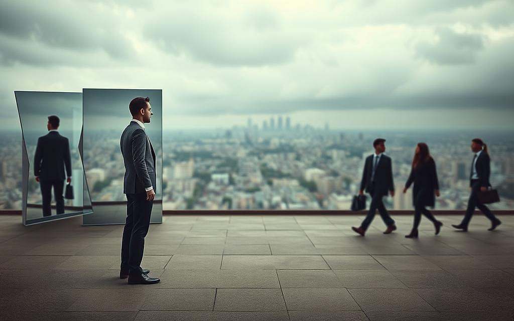 A surreal depiction of "Behavioral Psychology of Alienation," showcasing a solitary figure standing in an empty urban landscape that reflects cultural disconnection. In the foreground, feature a man in professional attire, looking contemplative, gazing out at abstract representations of societal barriers—fractured mirrors and shadows—symbolizing internal conflict and alienation. In the middle ground, blurred silhouettes of people walking away, demonstrating emotional distance, with muted colors suggesting a lack of warmth. The background features a sprawling cityscape under an overcast sky, casting a somber mood with cool, gray tones. Soft, diffused lighting creates a feeling of isolation while maintaining a sense of depth. Capture the scene from a slightly elevated angle to emphasize the figure's loneliness amidst the chaotic environment, evoking introspection and emotional complexity. A surreal depiction of "Behavioral Psychology of Alienation," showcasing a solitary figure standing in an empty urban landscape that reflects cultural disconnection. In the foreground, feature a man in professional attire, looking contemplative, gazing out at abstract representations of societal barriers—fractured mirrors and shadows—symbolizing internal conflict and alienation. In the middle ground, blurred silhouettes of people walking away, demonstrating emotional distance, with muted colors suggesting a lack of warmth. The background features a sprawling cityscape under an overcast sky, casting a somber mood with cool, gray tones. Soft, diffused lighting creates a feeling of isolation while maintaining a sense of depth. Capture the scene from a slightly elevated angle to emphasize the figure's loneliness amidst the chaotic environment, evoking introspection and emotional complexity.