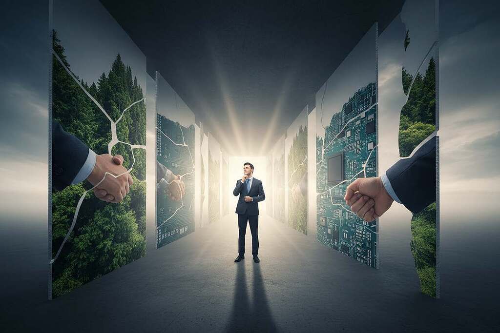 A surreal depiction of selective perception, encapsulating the concept of "tunnel vision" and the awakening to wholeness. In the foreground, a person dressed in professional business attire stands at the center, surrounded by fragmented mirrors reflecting various aspects of life—nature, technology, relationships—each in vivid detail, symbolizing distorted perceptions. The middle ground features a dimly lit corridor, where light beams penetrate through gaps between the mirrors, illuminating the person's contemplative expression, suggesting inner turmoil and realization. The background fades into a bright horizon, representing clarity and enlightenment, with soft, ethereal clouds. The mood conveys a sense of introspection and transformation, enhanced by soft, diffused lighting and a slightly wide-angle view to emphasize depth and focus on the subject’s journey. A surreal depiction of selective perception, encapsulating the concept of "tunnel vision" and the awakening to wholeness. In the foreground, a person dressed in professional business attire stands at the center, surrounded by fragmented mirrors reflecting various aspects of life—nature, technology, relationships—each in vivid detail, symbolizing distorted perceptions. The middle ground features a dimly lit corridor, where light beams penetrate through gaps between the mirrors, illuminating the person's contemplative expression, suggesting inner turmoil and realization. The background fades into a bright horizon, representing clarity and enlightenment, with soft, ethereal clouds. The mood conveys a sense of introspection and transformation, enhanced by soft, diffused lighting and a slightly wide-angle view to emphasize depth and focus on the subject’s journey.