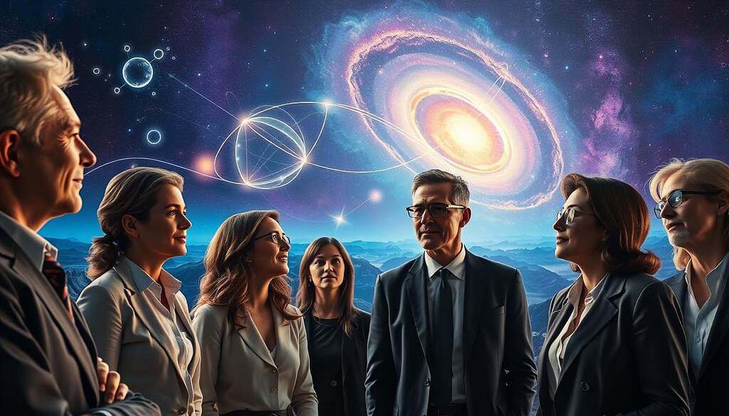 A surreal depiction of the interconnectedness of consciousness and quantum physics. In the foreground, a diverse group of professionals in business attire are engaged in deep conversation, their expressions reflecting curiosity and wonder. The middle ground features abstract representations of quantum particles and waves, illuminated by soft, ethereal light, symbolizing the flow of energy and information. The background consists of a cosmic landscape with swirling galaxies and a vibrant universe, conveying the infinite nature of the universal field. The color palette is rich with deep blues and purples, evoking a sense of mystery and exploration. The atmosphere is contemplative and inspiring, inviting viewers to reflect on the profound relationship between consciousness and the cosmos.