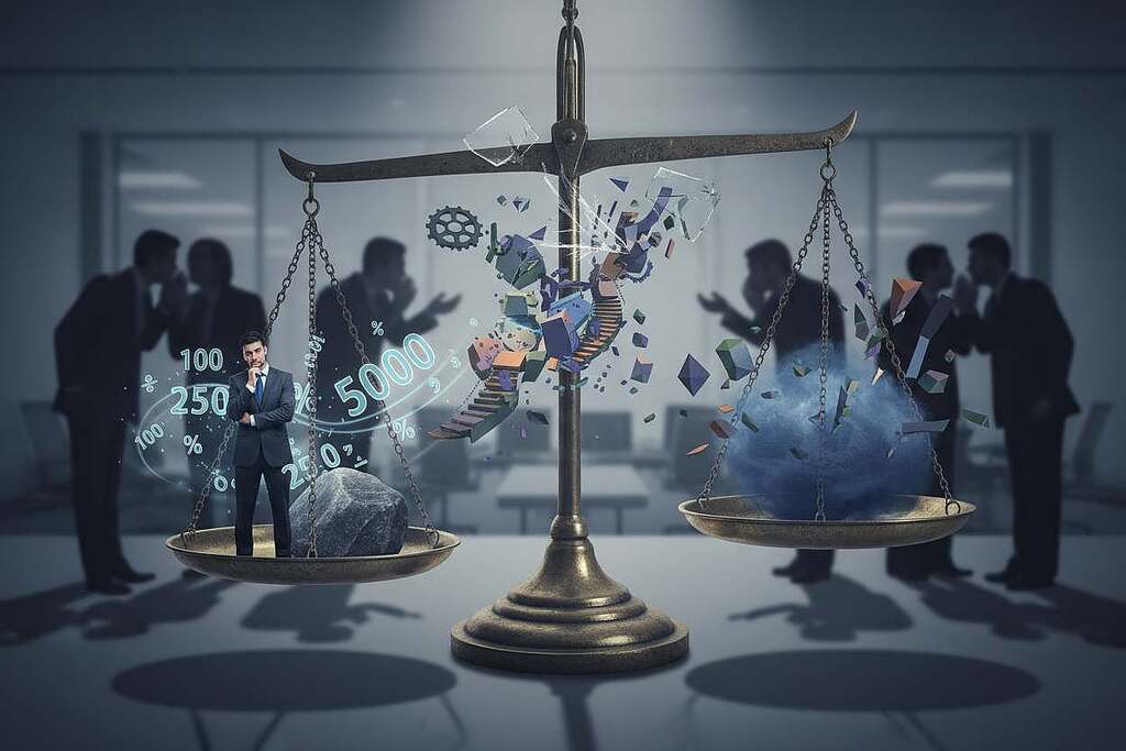 A surreal office environment anchored by a large, imposing scale in the foreground, balancing scales of perception and decision-making. On one side, a perplexed businessperson in professional attire, showcasing expressions of uncertainty and contemplation, surrounded by floating numbers and symbols representing initial impressions. The middle ground features a chaotic blend of abstract shapes symbolizing competing thoughts, while in the background, blurred figures in a corporate setting whisper ideas and doubts, casting shadows on the scale. Soft, diffused lighting illuminates the scene, creating a contrast between clarity and confusion, evoking a sense of introspection and tension. The color palette should include deep blues and muted grays, enhancing the mood of being trapped in one’s own mind, fully embodying the concept of the "Anchor Effect" without any distractions or text elements. A surreal office environment anchored by a large, imposing scale in the foreground, balancing scales of perception and decision-making. On one side, a perplexed businessperson in professional attire, showcasing expressions of uncertainty and contemplation, surrounded by floating numbers and symbols representing initial impressions. The middle ground features a chaotic blend of abstract shapes symbolizing competing thoughts, while in the background, blurred figures in a corporate setting whisper ideas and doubts, casting shadows on the scale. Soft, diffused lighting illuminates the scene, creating a contrast between clarity and confusion, evoking a sense of introspection and tension. The color palette should include deep blues and muted grays, enhancing the mood of being trapped in one’s own mind, fully embodying the concept of the "Anchor Effect" without any distractions or text elements.