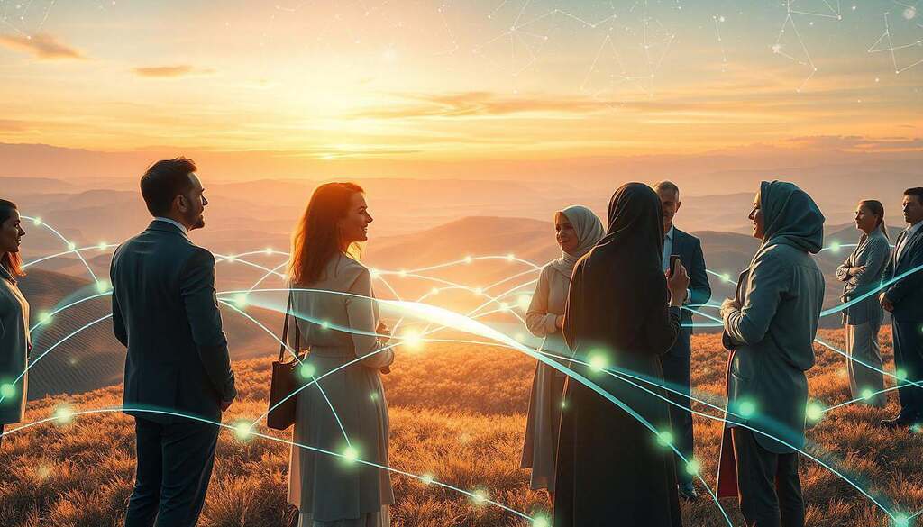 A surreal representation of the "universal field," showcasing interconnectedness among diverse humanity. In the foreground, a group of diverse individuals, including professionals in business attire and relaxed, modest casual clothing, engage in a lively discussion, symbolizing unity. The middle ground features abstract waves of energy connecting them, radiating soft, glowing light in hues of blue and green. In the background, a serene landscape of rolling hills and a vast sky, interspersed with constellations that hint at a deeper cosmos, evokes a sense of endless possibilities. The lighting is warm and inviting, illuminating the figures and creating an ethereal ambiance. The overall mood is hopeful and transformative, capturing the essence of future perspectives in a world connected by a universal field.