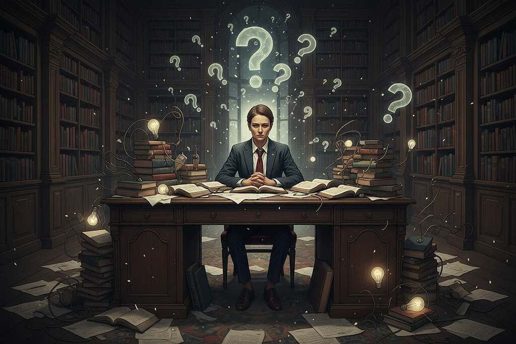 A surreal scene depicting the concept of "arbitrary conclusion" with a human figure in a professional outfit, sitting at a desk covered with scattered papers and question marks floating above. In the foreground, the figure appears contemplative, reflecting uncertainty, with a slightly furrowed brow. The middle ground features a chaotic mix of symbols representing knowledge and confusion, like books and lightbulbs interspersed with question marks. The background portrays a dimly lit room with shelves filled with books, casting long shadows, enhancing the sense of introspection and enigma. Soft, dramatic lighting illuminates the figure’s face, creating a somber yet thoughtful atmosphere, highlighting the struggle between knowledge and the acceptance of uncertainty. A surreal scene depicting the concept of "arbitrary conclusion" with a human figure in a professional outfit, sitting at a desk covered with scattered papers and question marks floating above. In the foreground, the figure appears contemplative, reflecting uncertainty, with a slightly furrowed brow. The middle ground features a chaotic mix of symbols representing knowledge and confusion, like books and lightbulbs interspersed with question marks. The background portrays a dimly lit room with shelves filled with books, casting long shadows, enhancing the sense of introspection and enigma. Soft, dramatic lighting illuminates the figure’s face, creating a somber yet thoughtful atmosphere, highlighting the struggle between knowledge and the acceptance of uncertainty.