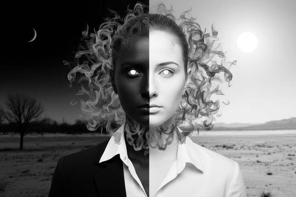 A thought-provoking image representing "Schwarz-Weiß-Denken" (black-and-white thinking) in a surreal, artistic manner. In the foreground, a split face of a person in professional attire, one half painted in stark black and the other in pure white, symbolizing duality and restricted perspectives. The middle layer features abstract, swirling shapes in grey tones, illustrating the complexity of thoughts and emotions trapped between extremes. In the background, a blurred landscape of contrasting black and white elements—day and night, light and shadow—evokes a sense of confinement. Soft, diffused lighting illuminates the scene, casting gentle shadows that enhance the mood of introspection and tension. The atmosphere is both contemplative and intense, inviting viewers to reflect on the journey towards non-duality and freedom of thought. A thought-provoking image representing "Schwarz-Weiß-Denken" (black-and-white thinking) in a surreal, artistic manner. In the foreground, a split face of a person in professional attire, one half painted in stark black and the other in pure white, symbolizing duality and restricted perspectives. The middle layer features abstract, swirling shapes in grey tones, illustrating the complexity of thoughts and emotions trapped between extremes. In the background, a blurred landscape of contrasting black and white elements—day and night, light and shadow—evokes a sense of confinement. Soft, diffused lighting illuminates the scene, casting gentle shadows that enhance the mood of introspection and tension. The atmosphere is both contemplative and intense, inviting viewers to reflect on the journey towards non-duality and freedom of thought.