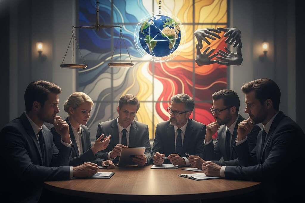 A thought-provoking scene depicting the concept of "Universal Morality and Human Rights." In the foreground, a diverse group of people, dressed in professional business attire, are engaged in a serious discussion, reflecting different perspectives on morality. The middle ground features symbolic representations of universal human rights, such as the scales of justice, a globe, and interconnected hands. In the background, a soft light illuminating an abstract representation of ethical dilemmas, with contrasting colors symbolizing the spectrum between right and wrong. The mood is contemplative and serious, accentuated by a dim, ambient light with a shallow depth of field, creating a sense of focus on the subjects while highlighting the complexities of moral relativism. A thought-provoking scene depicting the concept of "Universal Morality and Human Rights." In the foreground, a diverse group of people, dressed in professional business attire, are engaged in a serious discussion, reflecting different perspectives on morality. The middle ground features symbolic representations of universal human rights, such as the scales of justice, a globe, and interconnected hands. In the background, a soft light illuminating an abstract representation of ethical dilemmas, with contrasting colors symbolizing the spectrum between right and wrong. The mood is contemplative and serious, accentuated by a dim, ambient light with a shallow depth of field, creating a sense of focus on the subjects while highlighting the complexities of moral relativism.