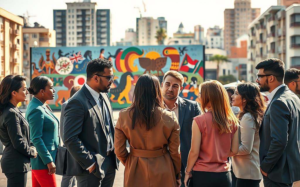 A thought-provoking scene illustrating the concept of "Xenophilie und kulturelle Identität." In the foreground, diverse individuals of various ethnic backgrounds are engaged in a lively discussion, dressed in professional business attire, representing harmony and exchange of ideas. In the middle ground, a vibrant mural depicting cultural symbols from different nations serves as a colorful backdrop, symbolizing unity in diversity. The background features an urban landscape blending architectural styles from various cultures, hinting at cultural fusion. The lighting is warm and inviting, with soft sunlight casting interesting shadows, creating a welcoming atmosphere. The overall mood reflects curiosity, dialogue, and a sense of belonging, capturing the paradox of embracing foreign cultures while nurturing one's own identity. The image focuses on connection and understanding without any text or distractions. A thought-provoking scene illustrating the concept of "Xenophilie und kulturelle Identität." In the foreground, diverse individuals of various ethnic backgrounds are engaged in a lively discussion, dressed in professional business attire, representing harmony and exchange of ideas. In the middle ground, a vibrant mural depicting cultural symbols from different nations serves as a colorful backdrop, symbolizing unity in diversity. The background features an urban landscape blending architectural styles from various cultures, hinting at cultural fusion. The lighting is warm and inviting, with soft sunlight casting interesting shadows, creating a welcoming atmosphere. The overall mood reflects curiosity, dialogue, and a sense of belonging, capturing the paradox of embracing foreign cultures while nurturing one's own identity. The image focuses on connection and understanding without any text or distractions.