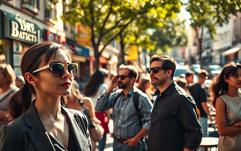 A thoughtful urban scene depicting a diverse group of people engaged in daily activities, showcasing varying levels of attention and light sensitivity. In the foreground, a woman wearing professional attire, shielding her eyes from bright sunlight, while examining her surroundings with focused curiosity. In the middle ground, a man adjusts his sunglasses, casually observing others at a bustling café terrace; subtle reflections create a play of light. In the background, a city street lined with vibrant storefronts and lush trees, illuminated by warm afternoon sunlight, casting soft shadows. The atmosphere is dynamic yet serene, reflecting the complexity of perception in everyday life. Employ a soft focus lens with a slight vignette to enhance depth while capturing the interplay of light and shadow in this lively urban environment. A thoughtful urban scene depicting a diverse group of people engaged in daily activities, showcasing varying levels of attention and light sensitivity. In the foreground, a woman wearing professional attire, shielding her eyes from bright sunlight, while examining her surroundings with focused curiosity. In the middle ground, a man adjusts his sunglasses, casually observing others at a bustling café terrace; subtle reflections create a play of light. In the background, a city street lined with vibrant storefronts and lush trees, illuminated by warm afternoon sunlight, casting soft shadows. The atmosphere is dynamic yet serene, reflecting the complexity of perception in everyday life. Employ a soft focus lens with a slight vignette to enhance depth while capturing the interplay of light and shadow in this lively urban environment.