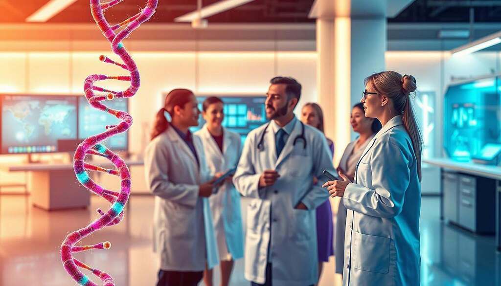 A vibrant and detailed illustration of metabolic regulation in a scientific context. In the foreground, a digital representation of a DNA helix intertwined with colorful metabolic pathways, symbolizing complex biochemical interactions. In the middle ground, diverse professionals in lab coats, both men and women of various ethnicities, are engaged in discussion around a futuristic holographic display showcasing metabolic health data and trends. The background features a sleek laboratory environment with glowing monitors and bioreactors, suggesting advanced research. Soft, ambient lighting enhances the atmosphere of innovation and discovery. The overall mood is inspiring and forward-looking, emphasizing the future of nutritional sciences and metabolic regulation research.