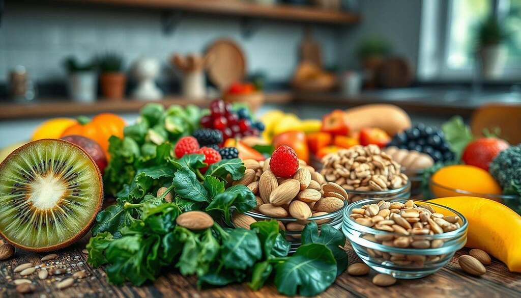 A vibrant display of essential micronutrients for metabolic health, featuring an array of colorful fruits, vegetables, nuts, and seeds arranged artistically on a rustic wooden table. In the foreground, a close-up of sliced kiwi, berries, and almonds, showcasing their textures and colors. The middle ground features a variety of leafy greens, such as spinach and kale, alongside small glass bowls filled with shiny pumpkin and sunflower seeds. In the background, a soft-focus image of a serene kitchen environment with natural light filtering through a window, creating a warm and inviting atmosphere. The overall mood is one of health, vitality, and nourishment, emphasizing the importance of micronutrients in our diet. Use a wide-angle lens to capture the depth and layering of the composition.