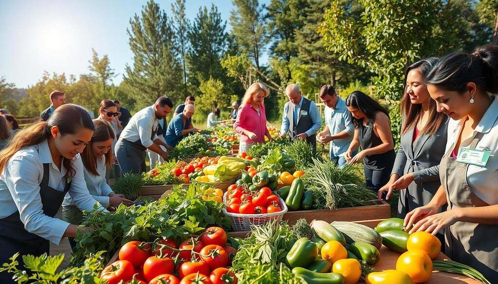 A vibrant, lush garden scene symbolizing sustainable nutrition, filled with a variety of fresh vegetables and fruits, such as ripe tomatoes, green bell peppers, and herbs. In the foreground, a community of diverse individuals in professional attire, engaged in planting and harvesting, emphasizing collaboration and care for the environment. In the middle, colorful organic produce displayed on wooden tables, showcasing the bounty of sustainable farming. The background features a clear blue sky and sunlit trees, creating a warm and inviting atmosphere. Soft natural lighting illuminates the scene, adding a sense of tranquility. The composition is shot from a slightly elevated angle, giving a comprehensive view of the activities while maintaining focus on the sustainable aspects of healthy eating habits.