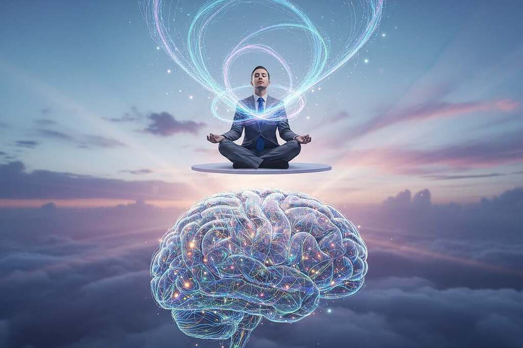 A vibrant, surreal representation of neuroplasticity and consciousness transformation. In the foreground, a human brain made of intertwining, glowing neural pathways, symbolizing connectivity and growth. Each neuron emits soft luminescence, showcasing dynamic interactions. In the middle ground, a figure in professional business attire sits cross-legged, meditating with a calm expression, surrounded by swirling energy patterns that visually represent expanded consciousness. The background features an abstract landscape of soft blue and purple hues, with ethereal light beams piercing through, suggesting enlightenment. Use soft, ethereal lighting to create a tranquil yet thought-provoking atmosphere. The image should have a slightly aerial perspective, enhancing the sense of depth and transformation. A vibrant, surreal representation of neuroplasticity and consciousness transformation. In the foreground, a human brain made of intertwining, glowing neural pathways, symbolizing connectivity and growth. Each neuron emits soft luminescence, showcasing dynamic interactions. In the middle ground, a figure in professional business attire sits cross-legged, meditating with a calm expression, surrounded by swirling energy patterns that visually represent expanded consciousness. The background features an abstract landscape of soft blue and purple hues, with ethereal light beams piercing through, suggesting enlightenment. Use soft, ethereal lighting to create a tranquil yet thought-provoking atmosphere. The image should have a slightly aerial perspective, enhancing the sense of depth and transformation.