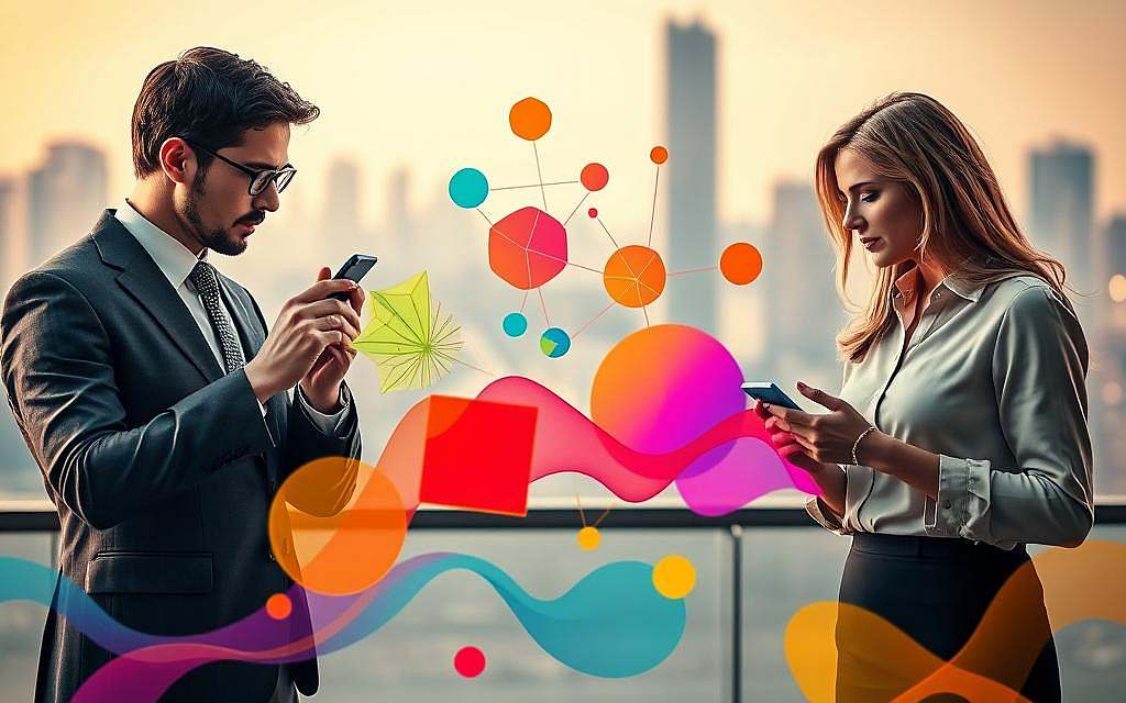 A visual representation of "visual perception" illustrating the differences between male and female perspectives. In the foreground, two individuals – a man and a woman – are engaging with colorful abstract shapes that represent various sensory stimuli. The man, dressed in a smart business suit, is analyzing a detailed geometric pattern, while the woman, in a professional blouse, studies vibrant organic shapes. The middle ground features flowing elements that connect the two figures, emphasizing their unique perceptions. In the background, a softly lit cityscape suggests a shared environment but diverging interpretations. Use warm, inviting lighting with soft shadows to create a sense of curiosity and intrigue. The angle is slightly above eye-level, giving an overview of the interaction and environment while keeping the mood contemplative and informative. A visual representation of "visual perception" illustrating the differences between male and female perspectives. In the foreground, two individuals – a man and a woman – are engaging with colorful abstract shapes that represent various sensory stimuli. The man, dressed in a smart business suit, is analyzing a detailed geometric pattern, while the woman, in a professional blouse, studies vibrant organic shapes. The middle ground features flowing elements that connect the two figures, emphasizing their unique perceptions. In the background, a softly lit cityscape suggests a shared environment but diverging interpretations. Use warm, inviting lighting with soft shadows to create a sense of curiosity and intrigue. The angle is slightly above eye-level, giving an overview of the interaction and environment while keeping the mood contemplative and informative.