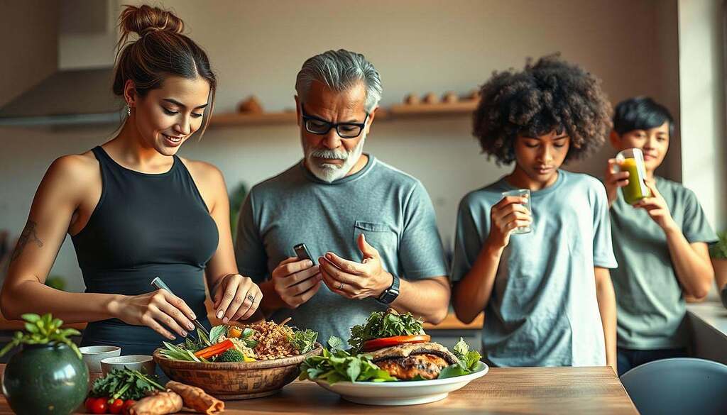 A visually captivating representation of individual metabolic types, showcasing three diverse individuals of different ethnicities, each engaged in distinct healthy eating habits. In the foreground, a fit woman skillfully preparing a colorful vegetarian meal, emphasizing fresh vegetables and grains. Beside her, a middle-aged man reviewing a balanced plate of proteins and greens, showcasing personalized nutrition. In the background, a young person enjoying a smoothie made from unique superfoods. Soft, natural lighting illuminates the scene, enhancing the vibrant colors of the food and clothing. The atmosphere is warm and inviting, reflecting a healthy lifestyle. The image is taken from a slightly elevated angle, creating depth and focus on the individuals and their meals, capturing the essence of metabolic diversity and health.