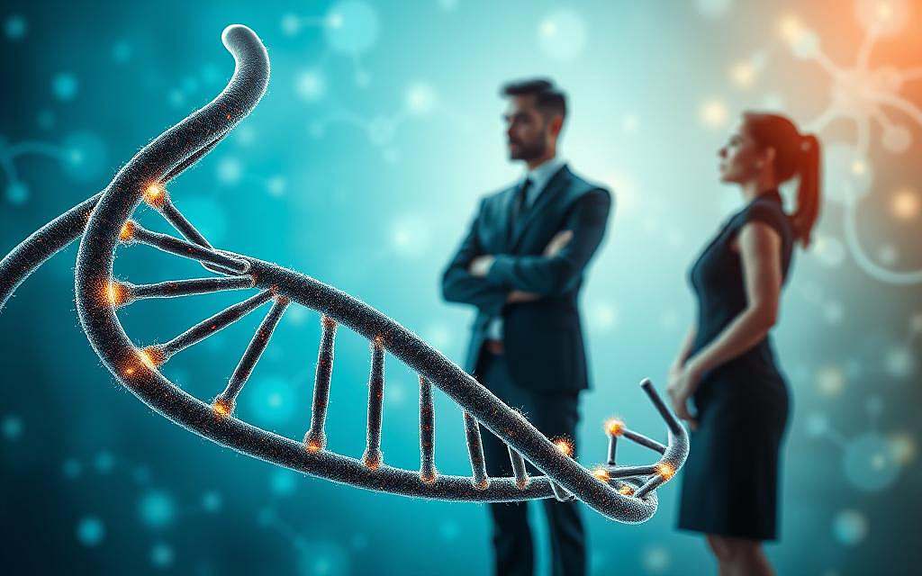 A visually striking representation of "Genetics and Epigenetics" illustrating the differences between male and female perception. In the foreground, a double helix DNA strand intertwines with neural pathways that radiate subtle color variations to signify epigenetic influences. The middle ground features two human figures, a male and a female, dressed in professional business attire, gazing at the DNA structure with curiosity, highlighting their distinct perspectives. The background displays a soft gradient of blues and greens, evoking a scientific atmosphere, with abstract representations of neurons and synapses illuminated by gentle, diffused lighting. The scene captures a sense of intellectual exploration and wonder, emphasizing the complexity of genetic influences on gender differences. A visually striking representation of "Genetics and Epigenetics" illustrating the differences between male and female perception. In the foreground, a double helix DNA strand intertwines with neural pathways that radiate subtle color variations to signify epigenetic influences. The middle ground features two human figures, a male and a female, dressed in professional business attire, gazing at the DNA structure with curiosity, highlighting their distinct perspectives. The background displays a soft gradient of blues and greens, evoking a scientific atmosphere, with abstract representations of neurons and synapses illuminated by gentle, diffused lighting. The scene captures a sense of intellectual exploration and wonder, emphasizing the complexity of genetic influences on gender differences.