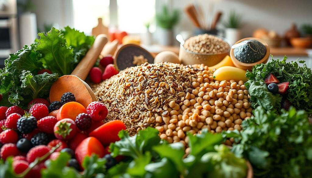 An artistic arrangement of nutrient-dense foods, prominently featuring vibrant fruits and vegetables like kale, berries, and sweet potatoes in the foreground. In the middle, a selection of whole grains like quinoa and brown rice is harmoniously displayed alongside legumes like lentils and chickpeas, symbolizing balance and vitality. The background showcases a calm kitchen setting with natural light streaming in through a window, illuminating the fresh produce and creating a warm, inviting atmosphere. The mood should evoke a sense of health and well-being, emphasizing the importance of choosing foods rich in nutrients rather than high in empty calories. The image should capture vivid colors and textures, with a slight depth of field to focus on the foods.