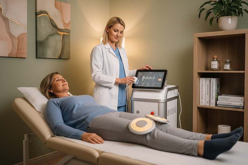 An intimate therapy room, softly illuminated by warm light, showcasing a professional setting for Magnetfeldtherapie for osteoarthritis. In the foreground, a middle-aged patient in modest casual clothing relaxes on a treatment table, surrounded by various magnetic therapy devices emitting gentle glows. In the middle, a compassionate healthcare professional, dressed in professional attire, demonstrates the procedure, adjusting settings on a modern machine. Background elements include soothing artwork on the walls, a shelf with medical literature about osteoarthritis treatment, and a calming plant to enhance the atmosphere. The overall mood is serene and hopeful, capturing the essence of alternative medicine harmonizing with modern practices. The perspective is slightly angled to engage viewers while keeping all subjects centered and focused. An intimate therapy room, softly illuminated by warm light, showcasing a professional setting for Magnetfeldtherapie for osteoarthritis. In the foreground, a middle-aged patient in modest casual clothing relaxes on a treatment table, surrounded by various magnetic therapy devices emitting gentle glows. In the middle, a compassionate healthcare professional, dressed in professional attire, demonstrates the procedure, adjusting settings on a modern machine. Background elements include soothing artwork on the walls, a shelf with medical literature about osteoarthritis treatment, and a calming plant to enhance the atmosphere. The overall mood is serene and hopeful, capturing the essence of alternative medicine harmonizing with modern practices. The perspective is slightly angled to engage viewers while keeping all subjects centered and focused.