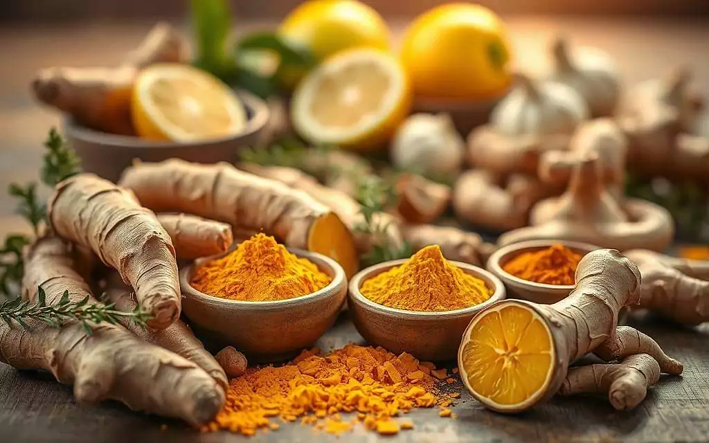 A beautifully arranged still life featuring turmeric and ginger as the main subjects, emphasizing their vibrant yellow and rich earthy tones. In the foreground, there are whole turmeric roots and slices of ginger, complemented by powdered turmeric and ginger in small rustic bowls. The middle ground includes delicate herbal sprigs and spices that enhance the composition. In the background, softly blurred, hints of fresh ingredients like lime and garlic create depth. The lighting is warm and inviting, simulating golden hour, casting gentle shadows and highlighting textures. The atmosphere is serene and focused, ideal for drawing attention to the therapeutic properties of these plants. Overall, the image should convey health, vitality, and nature's gifts in a clean, professional style, suitable for an educational context.