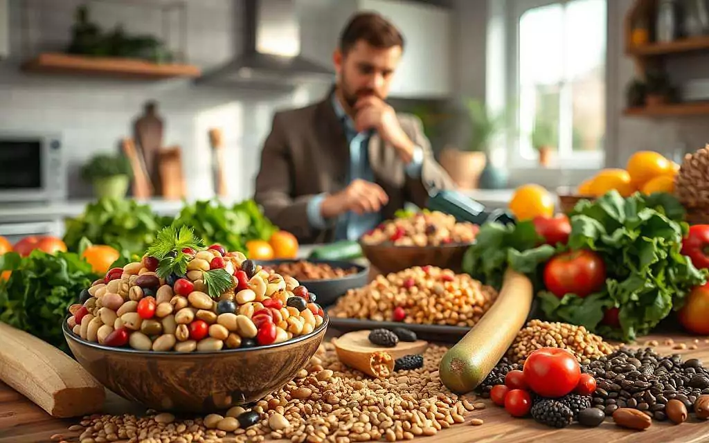 A close-up composition showcasing a modern kitchen table covered with an array of whole foods rich in dietary fiber, emphasizing colorful fruits, vegetables, whole grains, and legumes. In the foreground, feature a handsomely arranged bowl overflowing with a variety of beans and lentils, surrounded by fresh leafy greens and vibrant fruits like apples and berries. In the middle ground, a person of European descent, dressed in a smart casual outfit, is thoughtfully preparing a fiber-rich meal, demonstrating engagement with healthy cooking. The background reveals a softly illuminated kitchen with natural light streaming through a window, casting a warm glow, creating an inviting and wholesome atmosphere. Focus on detailed textures of the food, enhancing the feeling of freshness and nutrition.