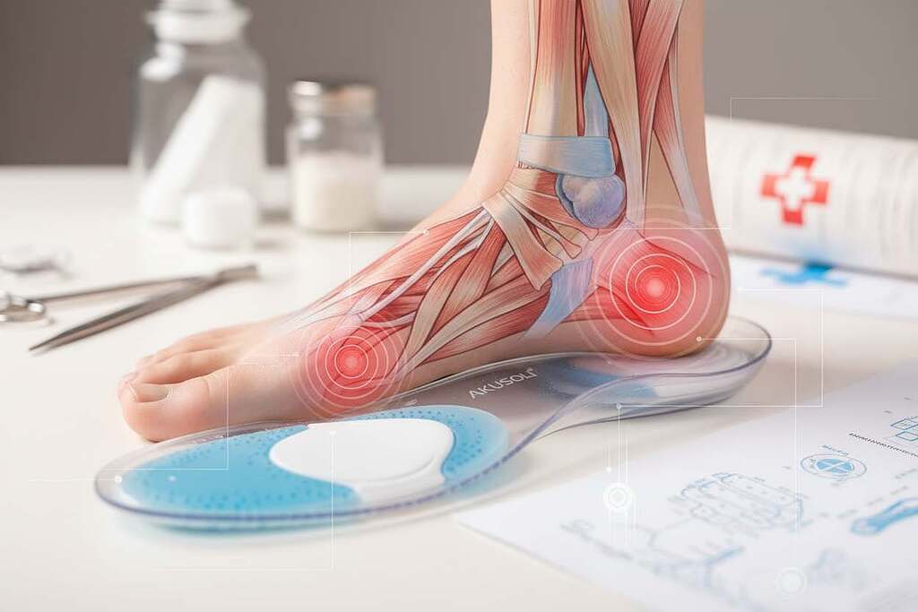 A close-up view of a human foot highlighting the arch area, with emphasis on painful points associated with plantar fasciitis. The foot is positioned in a professional clinical setting, showcasing a transparent insole with added cushioning features, symbolizing akusoli technology. Surrounding the foot, a subtle overlay of anatomical drawings indicating the fascia and related structures, providing educational context. The lighting is soft and warm, creating a calm and hopeful atmosphere, while maintaining a clinical feel. The background features blurred medical tools and diagrams, enhancing the focus on the foot. The angle is slightly from above, capturing depth and detail, while ensuring clarity on the pain points relevant to plantar fasciitis.