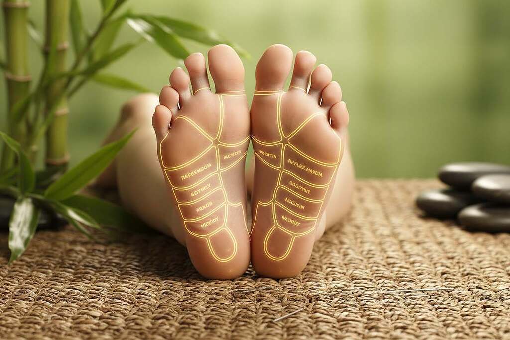 A close-up view of feet with clear outlines of the reflex zones highlighted, showcasing the intricate map of foot reflexology. In the foreground, a pair of feet are positioned on a textured mat symbolizing wellness, with pressure points illuminated under soft, warm lighting. In the middle ground, a subtle depiction of acupuncture needles is placed delicately near the feet, emphasizing the connection to Traditional Chinese Medicine (TCM). The background features a blurred calming environment, with natural elements like bamboo and soft green hues to evoke tranquility. The overall mood is serene and informative, portraying foot health and holistic therapy. Use a slight overhead angle, focusing on capturing the nuances of the foot’s anatomy without any text or distractions.