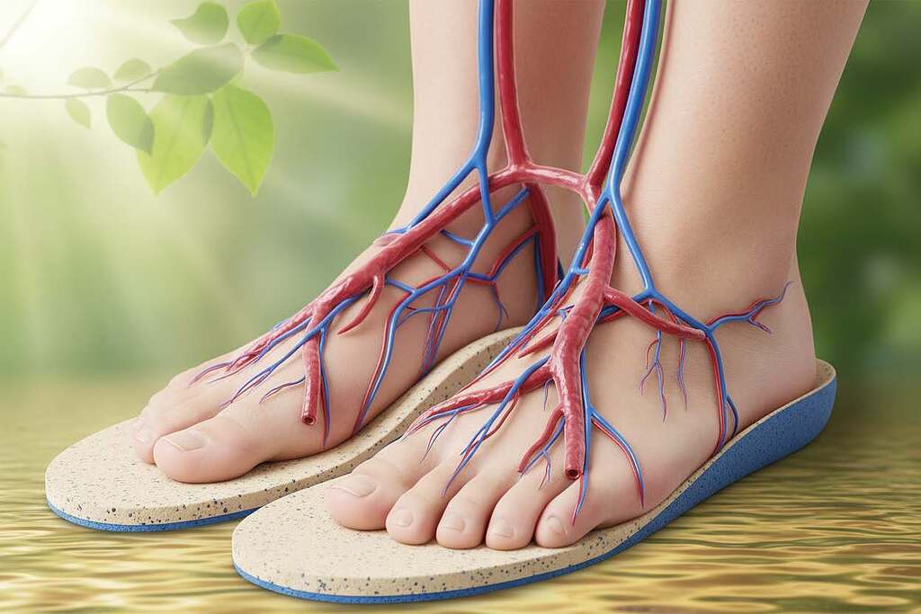 A close-up view of the human circulatory system highlighting the process of vasodilatation. In the foreground, richly detailed blood vessels expand, depicted with vibrant red and blue hues to illustrate increased blood flow. The middle ground features a pair of healthy feet positioned on a supportive orthotic insole, symbolizing the synergy between orthopedic support and natural healing methods. The background consists of a soft, blurred image of green leaves and gentle waves of light, creating a serene and healing atmosphere. The lighting is soft and diffused, reminiscent of natural sunlight streaming through, with a focus on creating an inviting and calm mood. Capture this scene from a slightly elevated angle to give depth to the vascular system while maintaining the emphasis on the feet and insole.