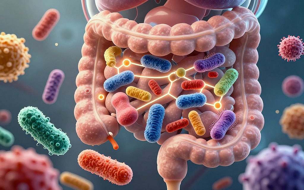 A complex, vibrant illustration of the human gut microbiome, showcasing a diverse array of bacteria in a colorful, microscopic view. In the foreground, unique and vividly colored microorganisms are depicted in detail, highlighting their shapes and sizes. The middle ground features intricate biochemical pathways and metabolic signals represented visually with glowing lines connecting different microorganisms. In the background, an abstract representation of the human digestive system, softly blurred to focus on the microbiome. The lighting is bright and dynamic, creating a sense of energy and life. The overall atmosphere is scientific yet captivating, inviting curiosity about the intricate relationships within the gut microbiome. A complex, vibrant illustration of the human gut microbiome, showcasing a diverse array of bacteria in a colorful, microscopic view. In the foreground, unique and vividly colored microorganisms are depicted in detail, highlighting their shapes and sizes. The middle ground features intricate biochemical pathways and metabolic signals represented visually with glowing lines connecting different microorganisms. In the background, an abstract representation of the human digestive system, softly blurred to focus on the microbiome. The lighting is bright and dynamic, creating a sense of energy and life. The overall atmosphere is scientific yet captivating, inviting curiosity about the intricate relationships within the gut microbiome.