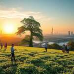 A conceptual artwork symbolizing "Schöpfungsspiel" featuring a lush, green landscape in the foreground, with diverse European individuals in professional attire engaging in collaborative activities, symbolizing innovation and collective growth. In the middle ground, a blend of advanced technology and organic elements, such as trees morphing into circuit patterns, representing the intersection of biological heritage and intellectual freedom. The background showcases a serene skyline merging nature and futuristic architecture under a radiant sunset, bathing the scene in warm golden hues. A soft, dreamlike atmosphere permeates the image, with gentle lighting illuminating the figures and nature, evoking a sense of harmony between progress and tradition. The angle is slightly elevated, offering a panoramic view to capture the expanse of this visionary landscape.