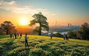 A conceptual artwork symbolizing "Schöpfungsspiel" featuring a lush, green landscape in the foreground, with diverse European individuals in professional attire engaging in collaborative activities, symbolizing innovation and collective growth. In the middle ground, a blend of advanced technology and organic elements, such as trees morphing into circuit patterns, representing the intersection of biological heritage and intellectual freedom. The background showcases a serene skyline merging nature and futuristic architecture under a radiant sunset, bathing the scene in warm golden hues. A soft, dreamlike atmosphere permeates the image, with gentle lighting illuminating the figures and nature, evoking a sense of harmony between progress and tradition. The angle is slightly elevated, offering a panoramic view to capture the expanse of this visionary landscape.