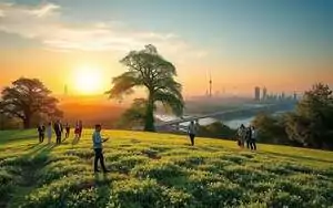 A conceptual artwork symbolizing "Schöpfungsspiel" featuring a lush, green landscape in the foreground, with diverse European individuals in professional attire engaging in collaborative activities, symbolizing innovation and collective growth. In the middle ground, a blend of advanced technology and organic elements, such as trees morphing into circuit patterns, representing the intersection of biological heritage and intellectual freedom. The background showcases a serene skyline merging nature and futuristic architecture under a radiant sunset, bathing the scene in warm golden hues. A soft, dreamlike atmosphere permeates the image, with gentle lighting illuminating the figures and nature, evoking a sense of harmony between progress and tradition. The angle is slightly elevated, offering a panoramic view to capture the expanse of this visionary landscape.
